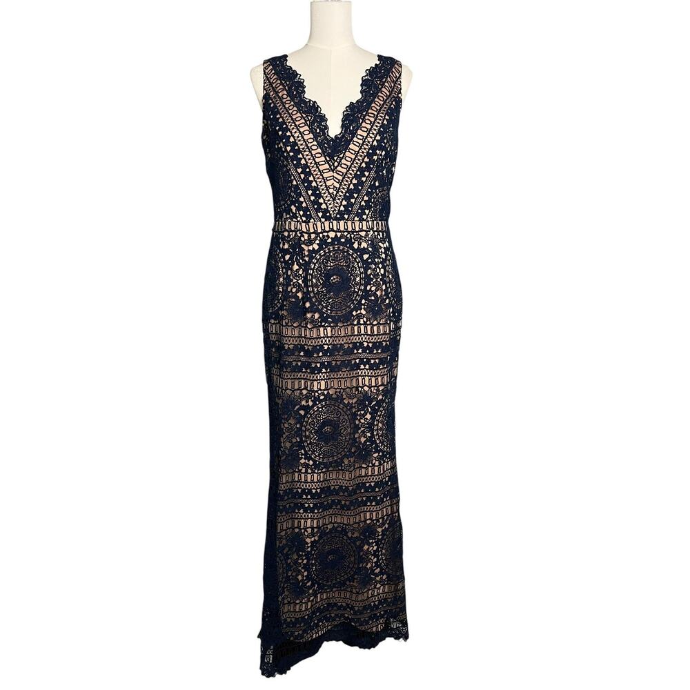Soieblu Crochet Lace Maxi Dress Womens Large Blue Nude Lined Formal Wedding